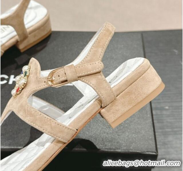 Sophisticated Chanel Suede Flat Thong Sandals with Pearls Flower Beige 603098