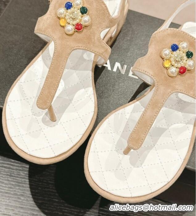 Sophisticated Chanel Suede Flat Thong Sandals with Pearls Flower Beige 603098