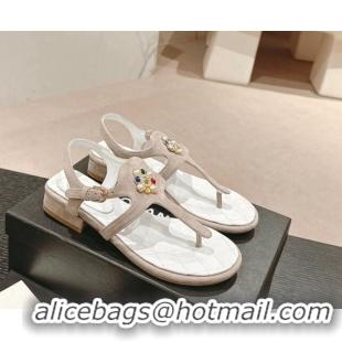 Unique Style Chanel Suede Flat Thong Sandals with Pearls Flower Grey 603099