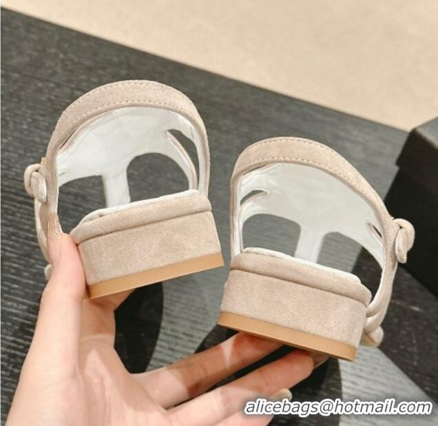 Unique Style Chanel Suede Flat Thong Sandals with Pearls Flower Grey 603099