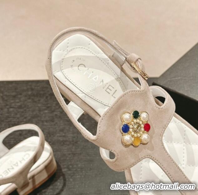 Unique Style Chanel Suede Flat Thong Sandals with Pearls Flower Grey 603099