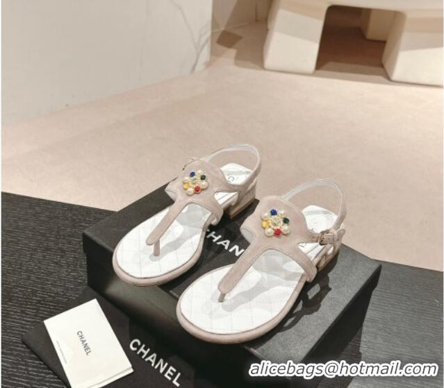 Unique Style Chanel Suede Flat Thong Sandals with Pearls Flower Grey 603099