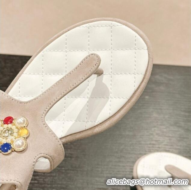 Unique Style Chanel Suede Flat Thong Sandals with Pearls Flower Grey 603099