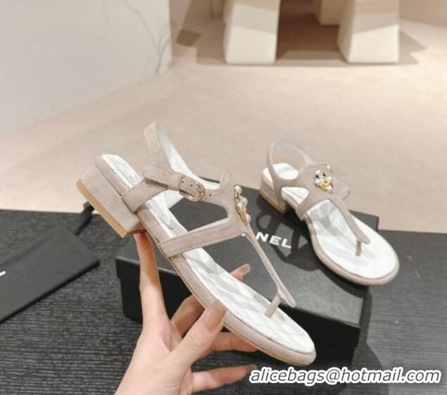 Unique Style Chanel Suede Flat Thong Sandals with Pearls Flower Grey 603099