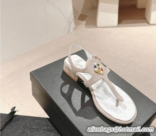 Unique Style Chanel Suede Flat Thong Sandals with Pearls Flower Grey 603099