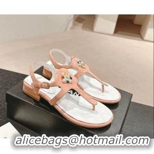 Best Product Chanel Suede Flat Thong Sandals with Pearls Flower Light Pink 603100