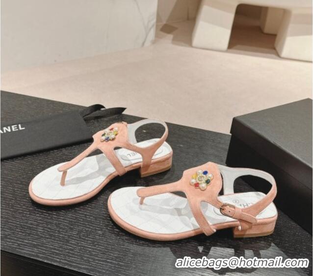 Best Product Chanel Suede Flat Thong Sandals with Pearls Flower Light Pink 603100