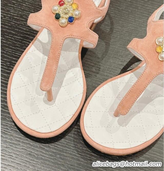 Best Product Chanel Suede Flat Thong Sandals with Pearls Flower Light Pink 603100