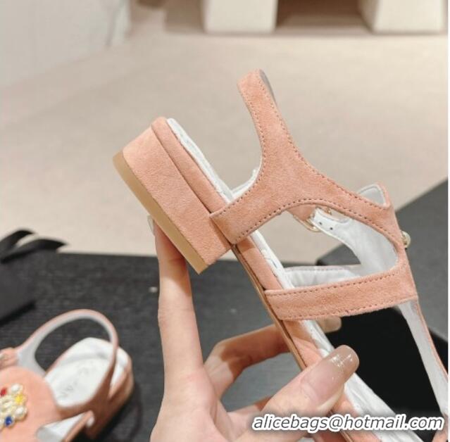 Best Product Chanel Suede Flat Thong Sandals with Pearls Flower Light Pink 603100