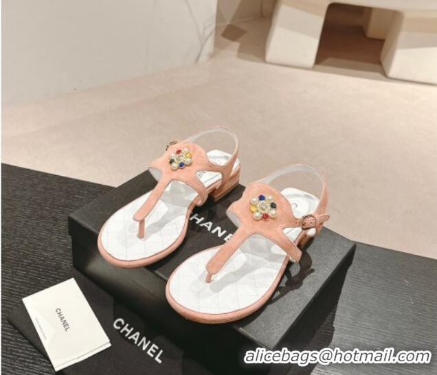 Best Product Chanel Suede Flat Thong Sandals with Pearls Flower Light Pink 603100