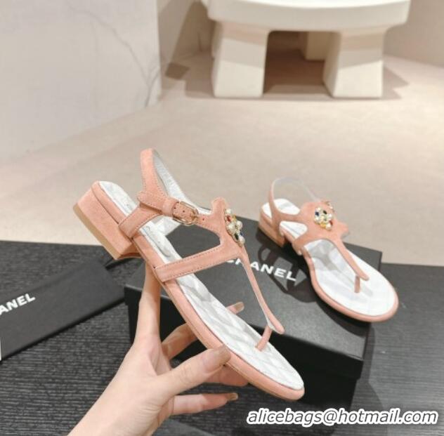 Best Product Chanel Suede Flat Thong Sandals with Pearls Flower Light Pink 603100