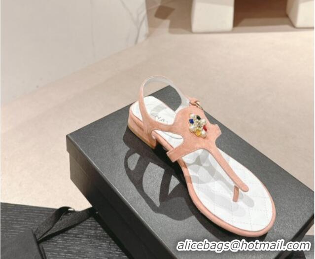 Best Product Chanel Suede Flat Thong Sandals with Pearls Flower Light Pink 603100