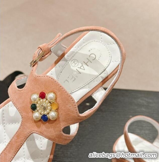 Best Product Chanel Suede Flat Thong Sandals with Pearls Flower Light Pink 603100