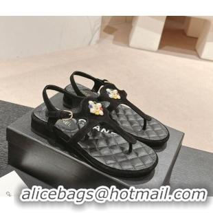 Good Looking Chanel Suede Flat Thong Sandals with Pearls Flower Black 603101