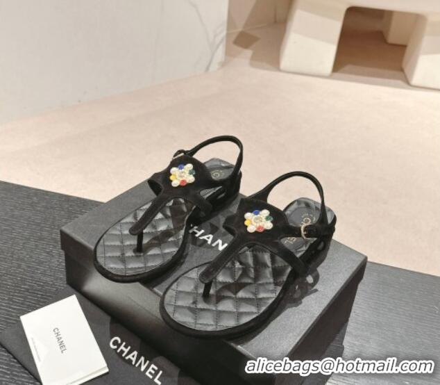 Good Looking Chanel Suede Flat Thong Sandals with Pearls Flower Black 603101