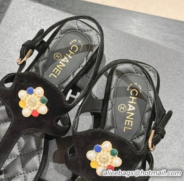 Good Looking Chanel Suede Flat Thong Sandals with Pearls Flower Black 603101