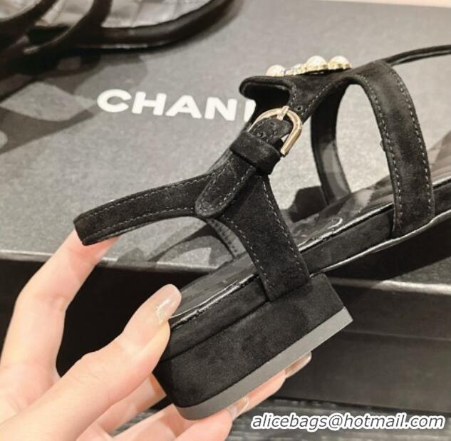 Good Looking Chanel Suede Flat Thong Sandals with Pearls Flower Black 603101