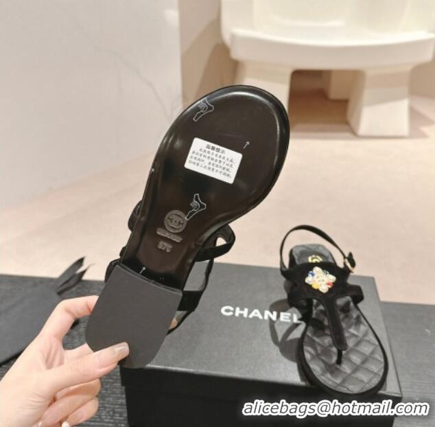 Good Looking Chanel Suede Flat Thong Sandals with Pearls Flower Black 603101