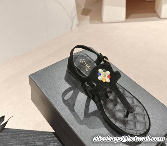 Good Looking Chanel Suede Flat Thong Sandals with Pearls Flower Black 603101