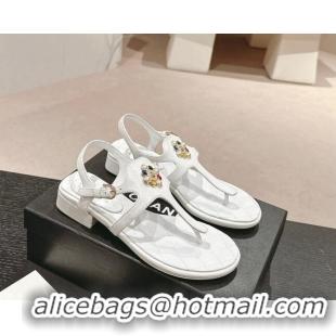 Stylish Chanel Calfskin Flat Thong Sandals with Pearls Flower White 603102