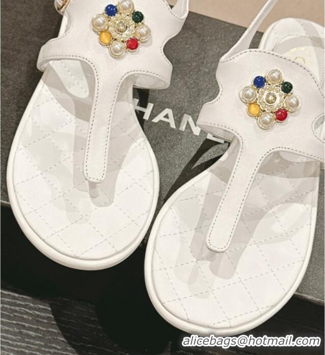 Stylish Chanel Calfskin Flat Thong Sandals with Pearls Flower White 603102