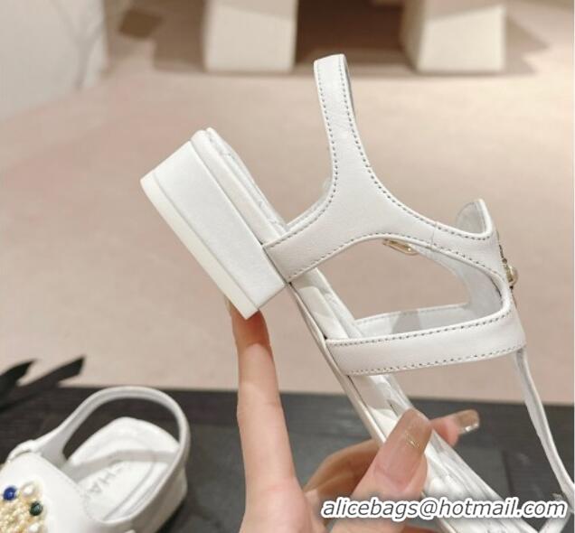 Stylish Chanel Calfskin Flat Thong Sandals with Pearls Flower White 603102