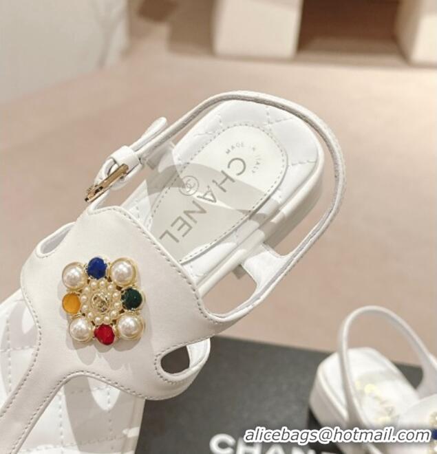 Stylish Chanel Calfskin Flat Thong Sandals with Pearls Flower White 603102