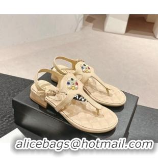 Most Popular Chanel Calfskin Flat Thong Sandals with Pearls Flower Beige 603103