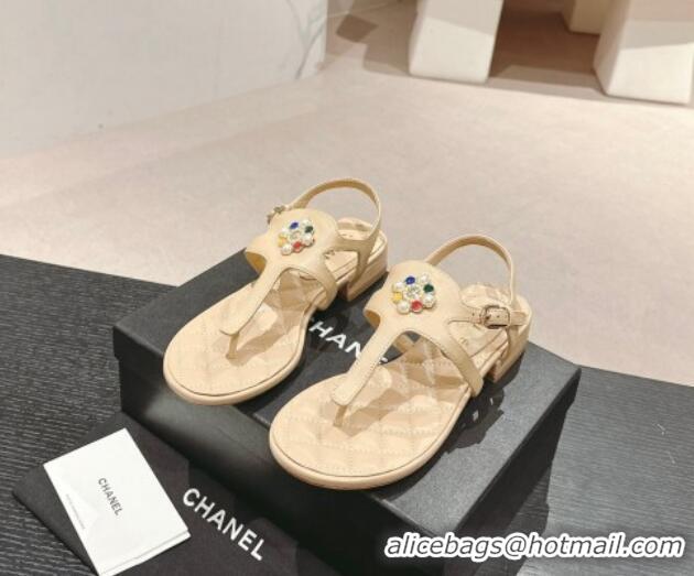 Most Popular Chanel Calfskin Flat Thong Sandals with Pearls Flower Beige 603103