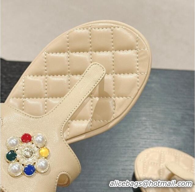 Most Popular Chanel Calfskin Flat Thong Sandals with Pearls Flower Beige 603103