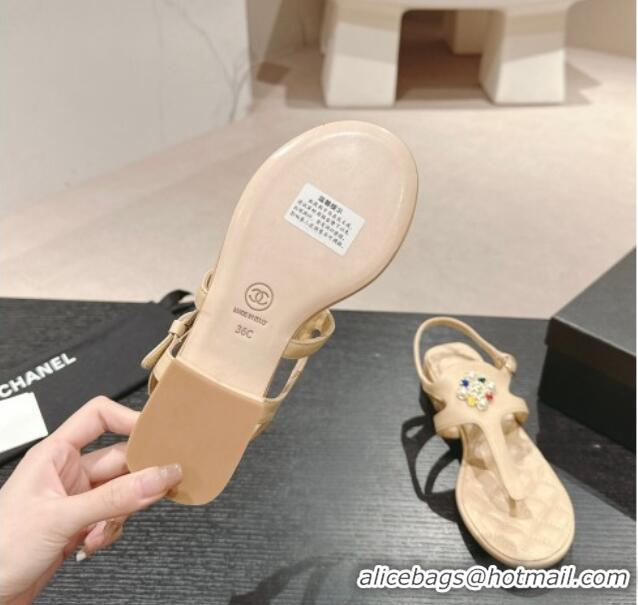 Most Popular Chanel Calfskin Flat Thong Sandals with Pearls Flower Beige 603103