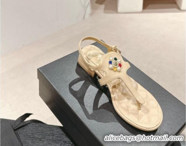 Most Popular Chanel Calfskin Flat Thong Sandals with Pearls Flower Beige 603103