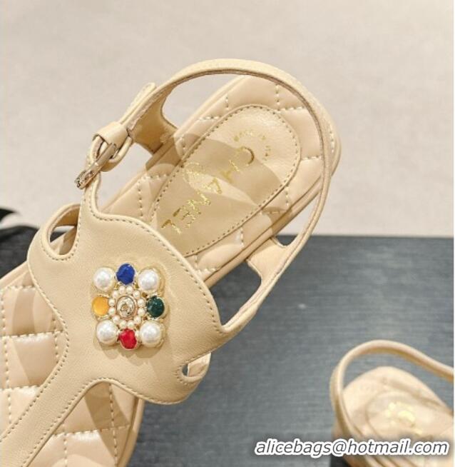 Most Popular Chanel Calfskin Flat Thong Sandals with Pearls Flower Beige 603103