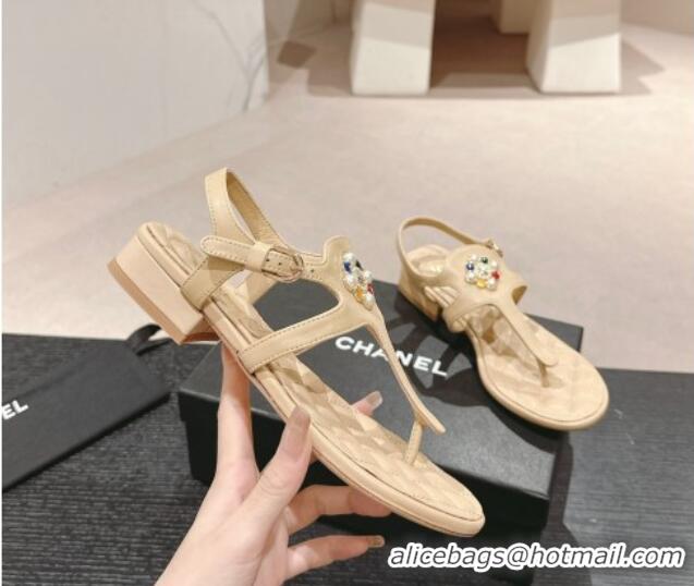 Most Popular Chanel Calfskin Flat Thong Sandals with Pearls Flower Beige 603103