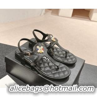 Top Grade Chanel Calfskin Flat Thong Sandals with Pearls Flower Black 603104