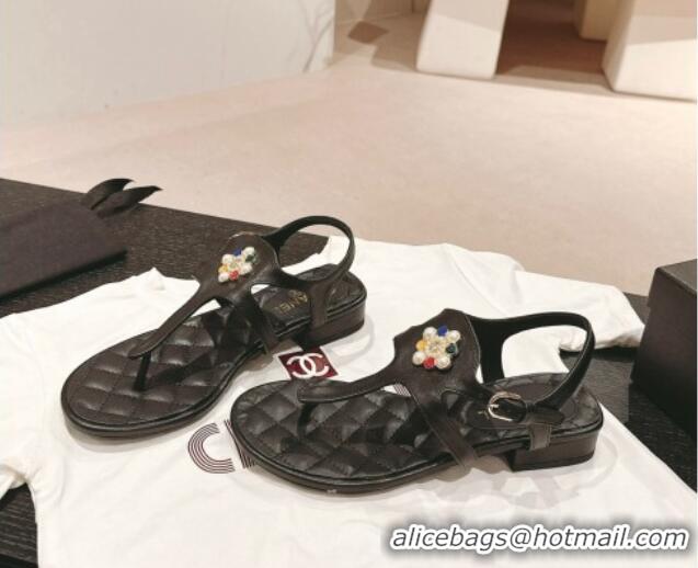 Top Grade Chanel Calfskin Flat Thong Sandals with Pearls Flower Black 603104