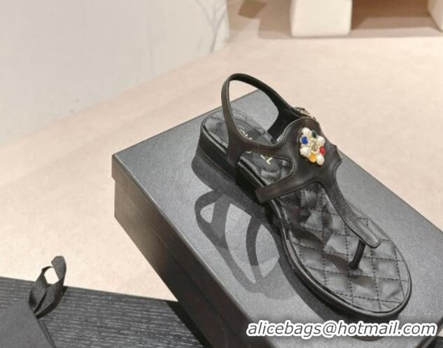 Top Grade Chanel Calfskin Flat Thong Sandals with Pearls Flower Black 603104