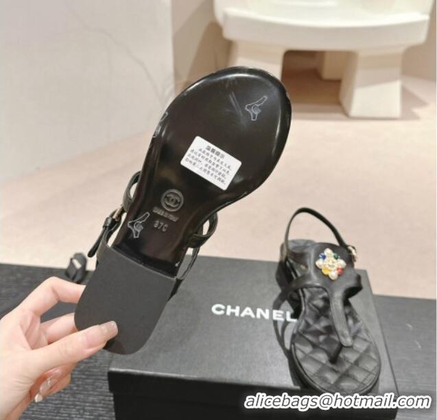 Top Grade Chanel Calfskin Flat Thong Sandals with Pearls Flower Black 603104