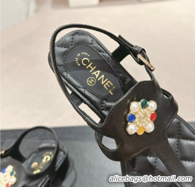 Top Grade Chanel Calfskin Flat Thong Sandals with Pearls Flower Black 603104