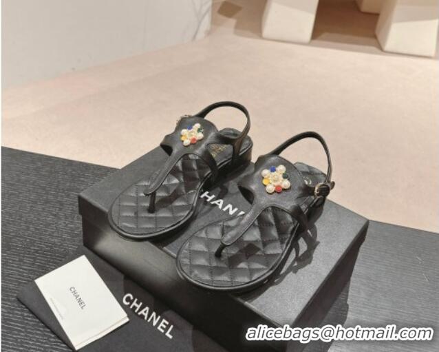 Top Grade Chanel Calfskin Flat Thong Sandals with Pearls Flower Black 603104