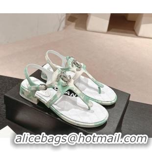 Durable Chanel Printed Fabric Flat Thong Sandals with Pearls Flower Green 603106