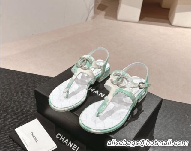 Durable Chanel Printed Fabric Flat Thong Sandals with Pearls Flower Green 603106