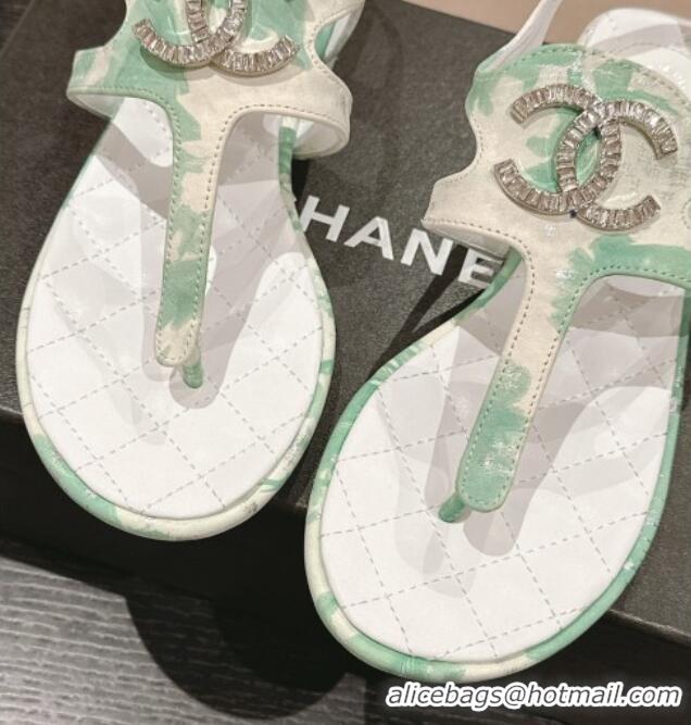 Durable Chanel Printed Fabric Flat Thong Sandals with Pearls Flower Green 603106