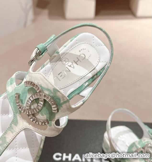 Durable Chanel Printed Fabric Flat Thong Sandals with Pearls Flower Green 603106