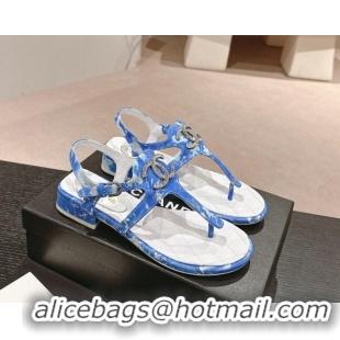 Popular Style Chanel Printed Fabric Flat Thong Sandals with Pearls Flower Sky Blue 603107