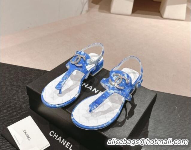 Popular Style Chanel Printed Fabric Flat Thong Sandals with Pearls Flower Sky Blue 603107