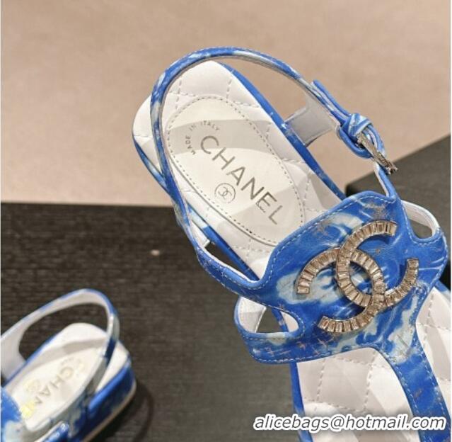 Popular Style Chanel Printed Fabric Flat Thong Sandals with Pearls Flower Sky Blue 603107