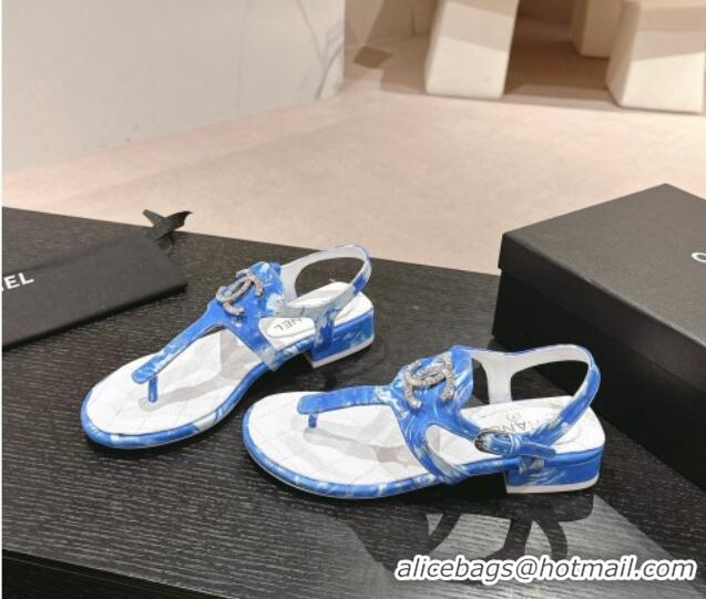 Popular Style Chanel Printed Fabric Flat Thong Sandals with Pearls Flower Sky Blue 603107