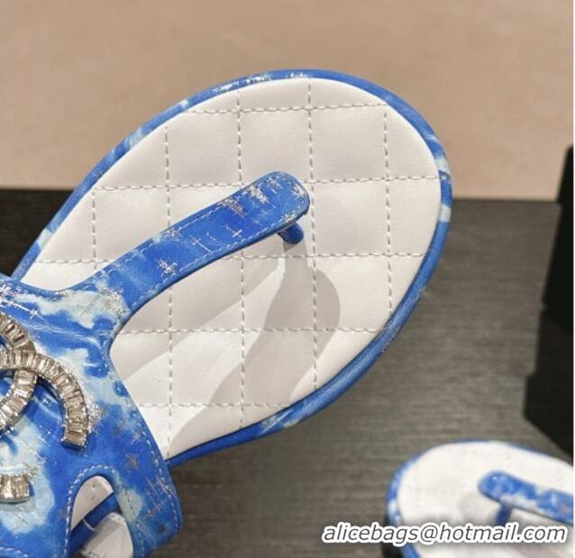 Popular Style Chanel Printed Fabric Flat Thong Sandals with Pearls Flower Sky Blue 603107