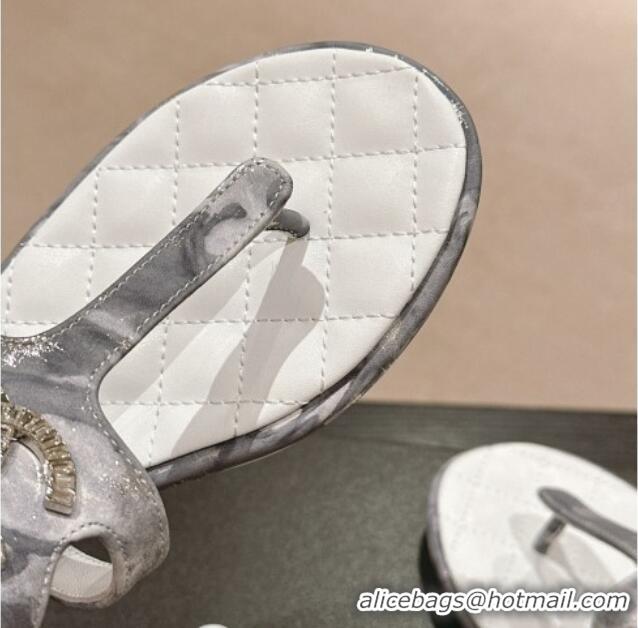 Perfect Chanel Printed Fabric Flat Thong Sandals with Pearls Flower Grey 603108